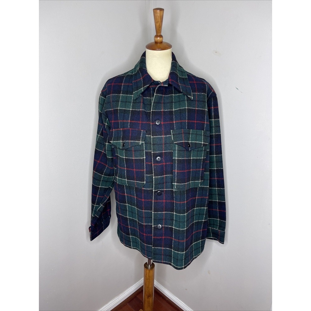 Vintage 60's 70's Mens Pendleton Heavy‎ Wool Shirt Jacket Green Plaid Medium